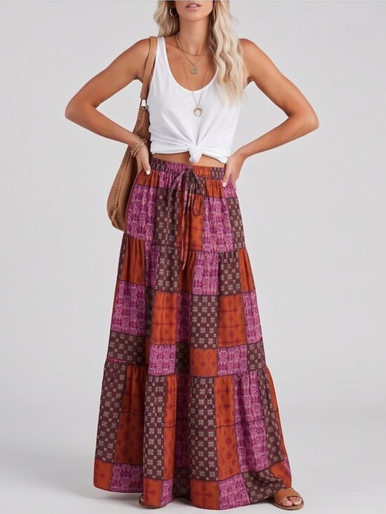By Design Dresses & Skirts - Boho Patchwork Print Maxi Skirt Red